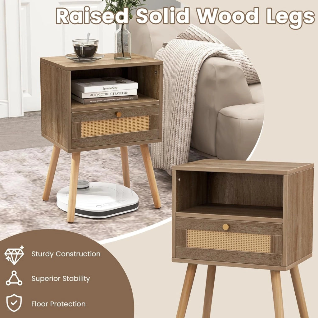 Set di 1/2 comodini, comodino con cassetto in rattan e vano aperto, tavolino laterale con gambe in pino, comodino per camera da letto, soggiorno, 40 x 30 x 60,5 cm (1)