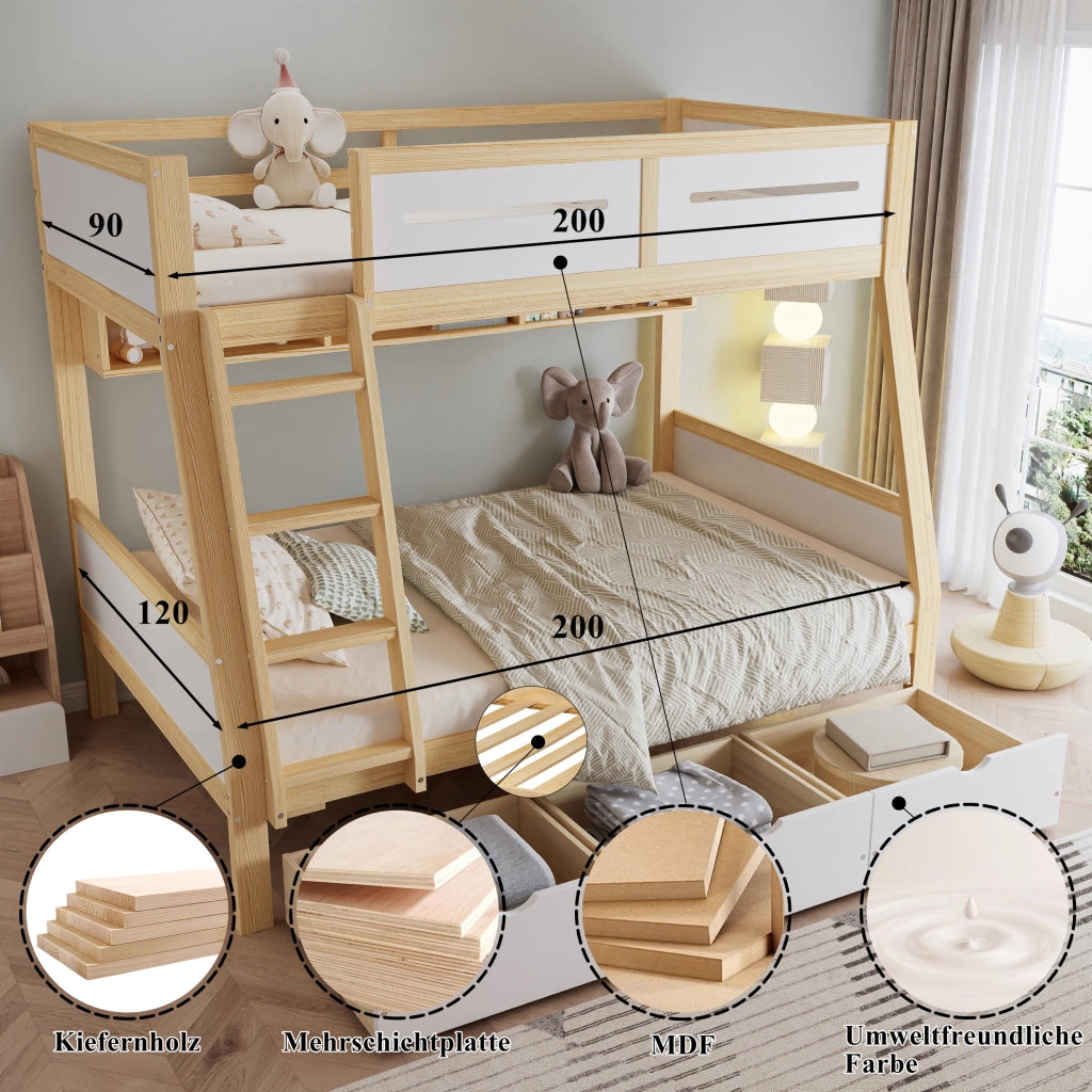 Letto a castello per bambini in pino e MDF; bianco e naturale; con 3 cassetti e libreria; 90x200 e 120x200 cm