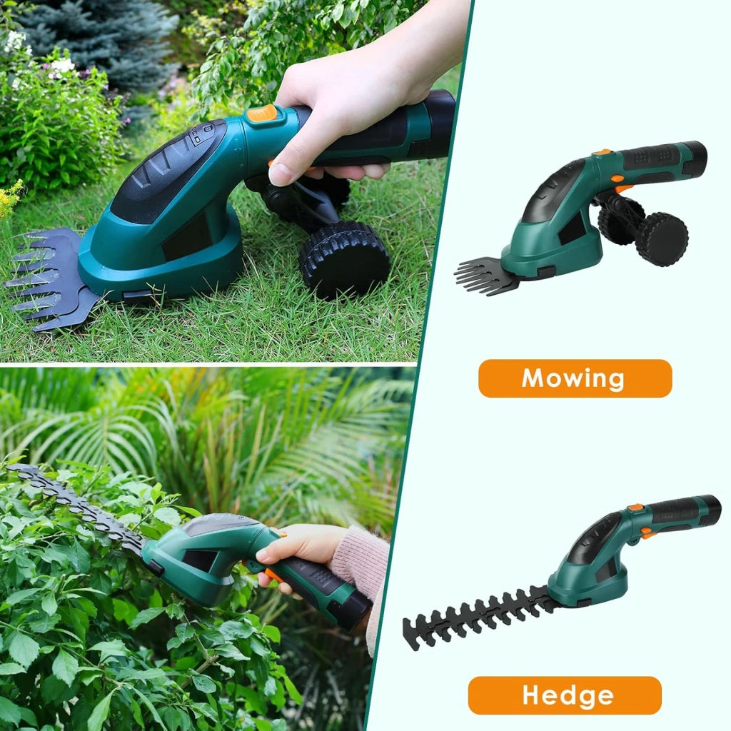 Cesoie per erba a batteria, 7,2 V, 2 in 1, con manico telescopico, batteria e caricabatterie, per tagliaerba, maneggevoli, con 2 diversi coltelli