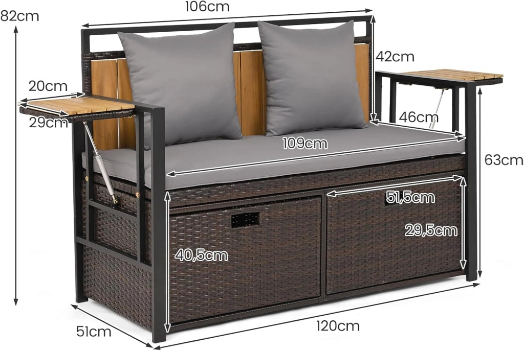 Divano da Giardino 2 Posti, Panchina da Esterno in Rattan PE con Contenitore, Cuscini Imbottiti e Tavolini Pieghevoli, Salotto da Giardino per Balcone e Terrazza, 120 x 51 x 82 cm (Grigio)