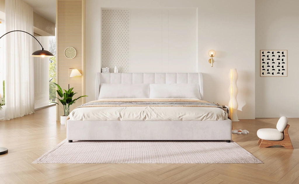 Letto matrimoniale 180 × 200 cm con testiera imbottita e 2 cuscini, senza materasso, in velluto, beige