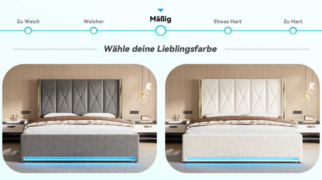 DESMIU Lit Letto Contenitore 180 × 200 cm 2 posti con USB, Type-C, LED e tasche, senza materasso, in velluto, beige