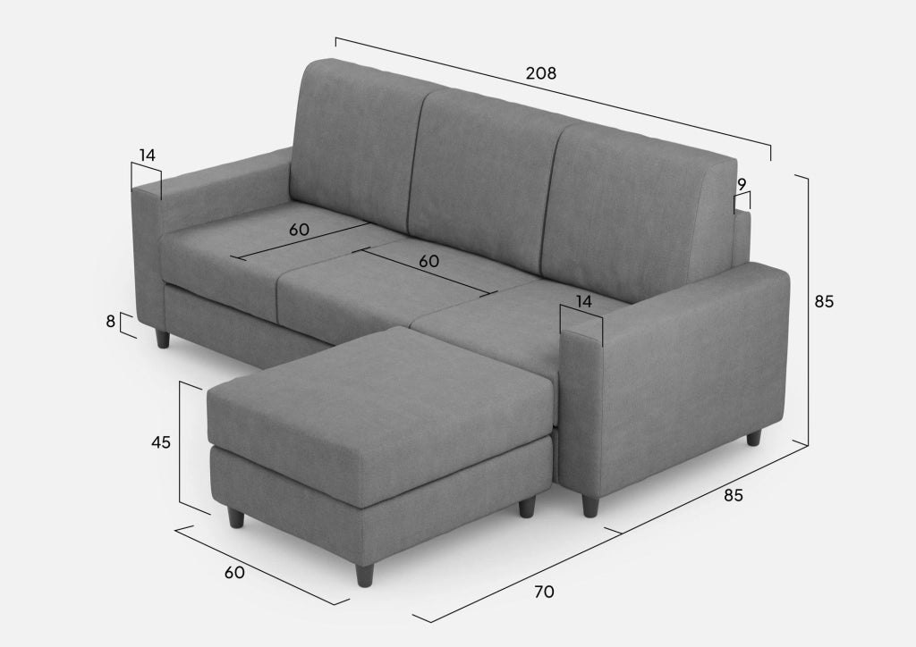 Divano 3 Posti con Pouf 208x155x85 cm Sakar in Tessuto Grigio