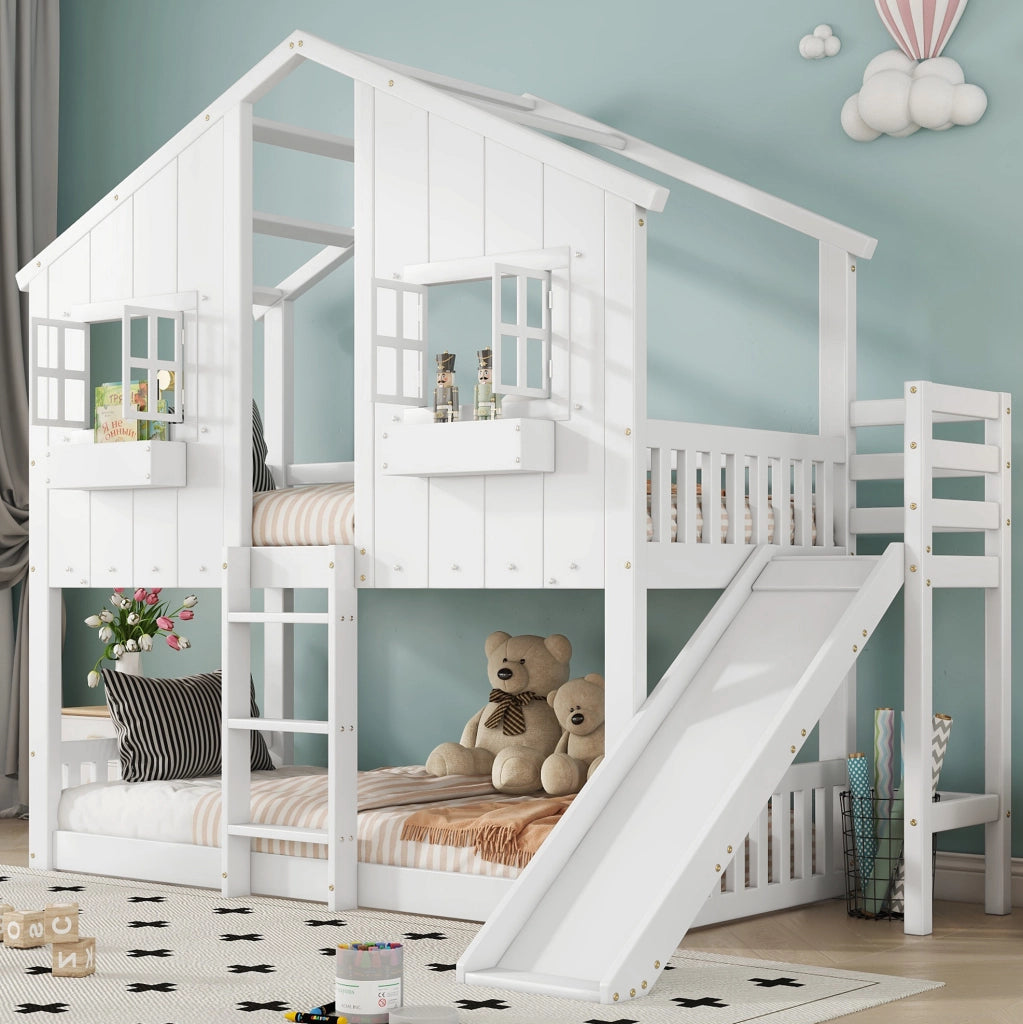 Letto a castello 90x200 cm con scivolo e finestre in legno e MDF bianco