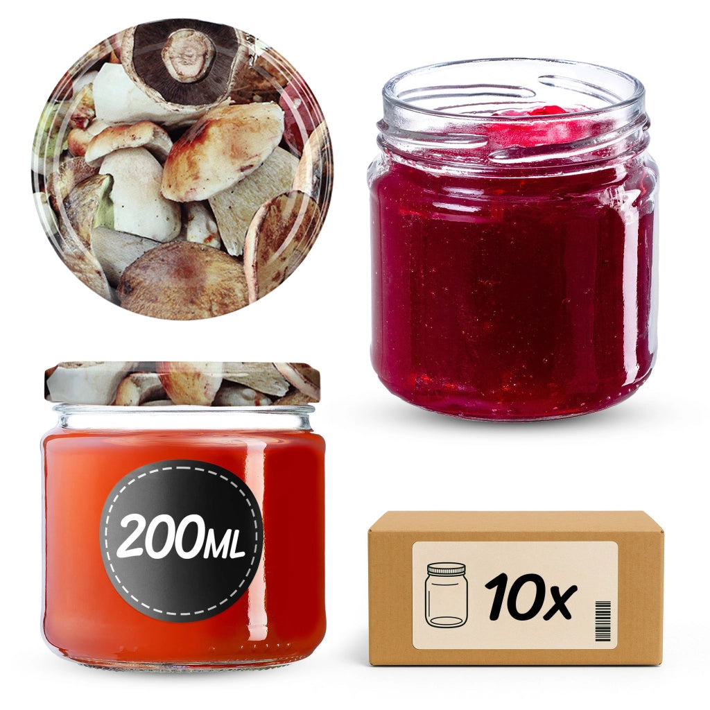 KADAX Barattoli per conserve Lerma 200ml 10 pezzi 66mm + coperchi "Funghi"
