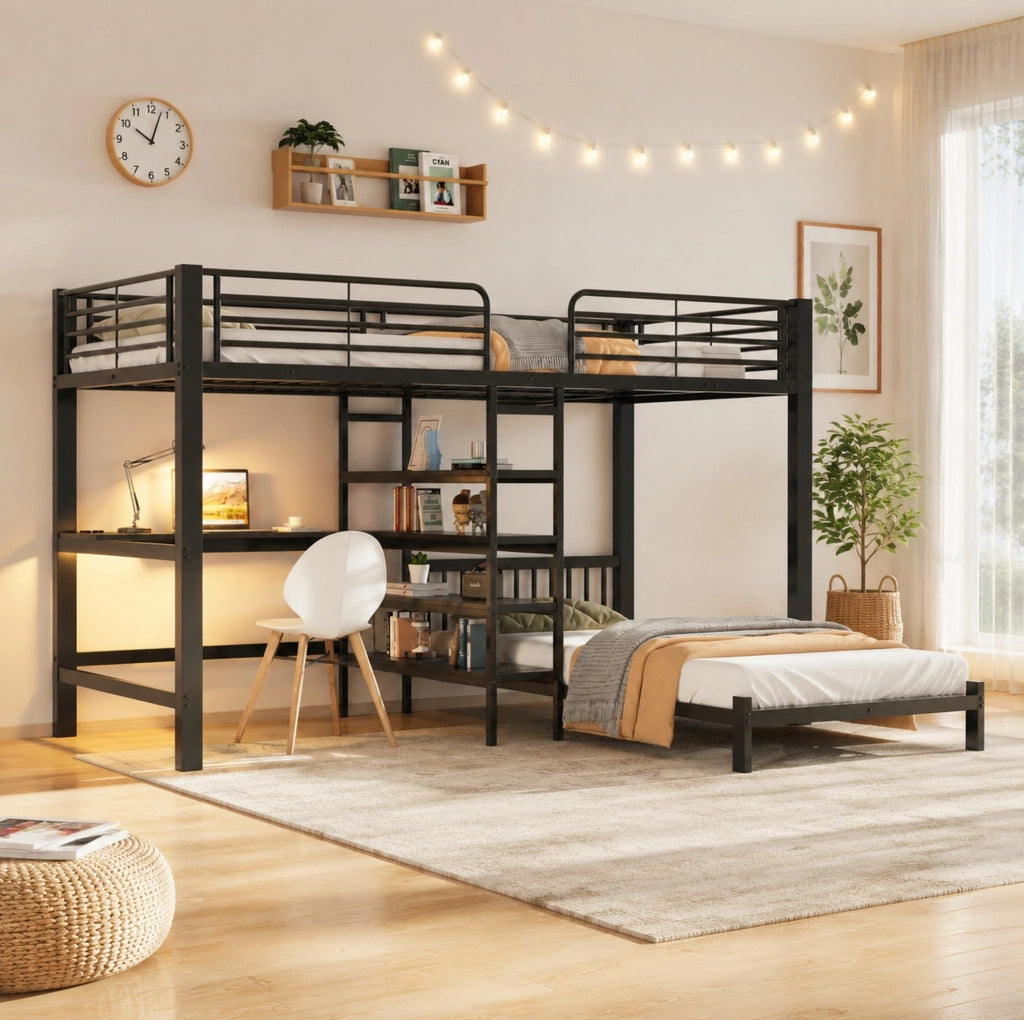 Letto a castello 2 posti con scrivania; vani contenitore; prese USB/Type-C; 90 x 200 cm; nero