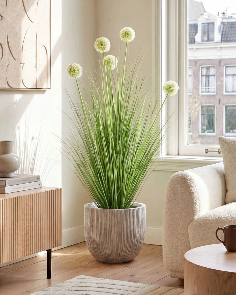 Pianta Artificiale in Vaso con Erba Verde, Fiori Guelder Rose e Vaso in Plastica Nero 120 cm Accessorio Decorativo per la Casa