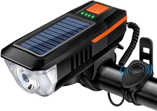 Set di Lampada per Bicicletta Solare e USB - Batteria 2000mAh - Portata 200m + Fischietto 120dB - 5 Impostazioni di Volume - Impermeabile IPX5 - per E-Bike/MTB