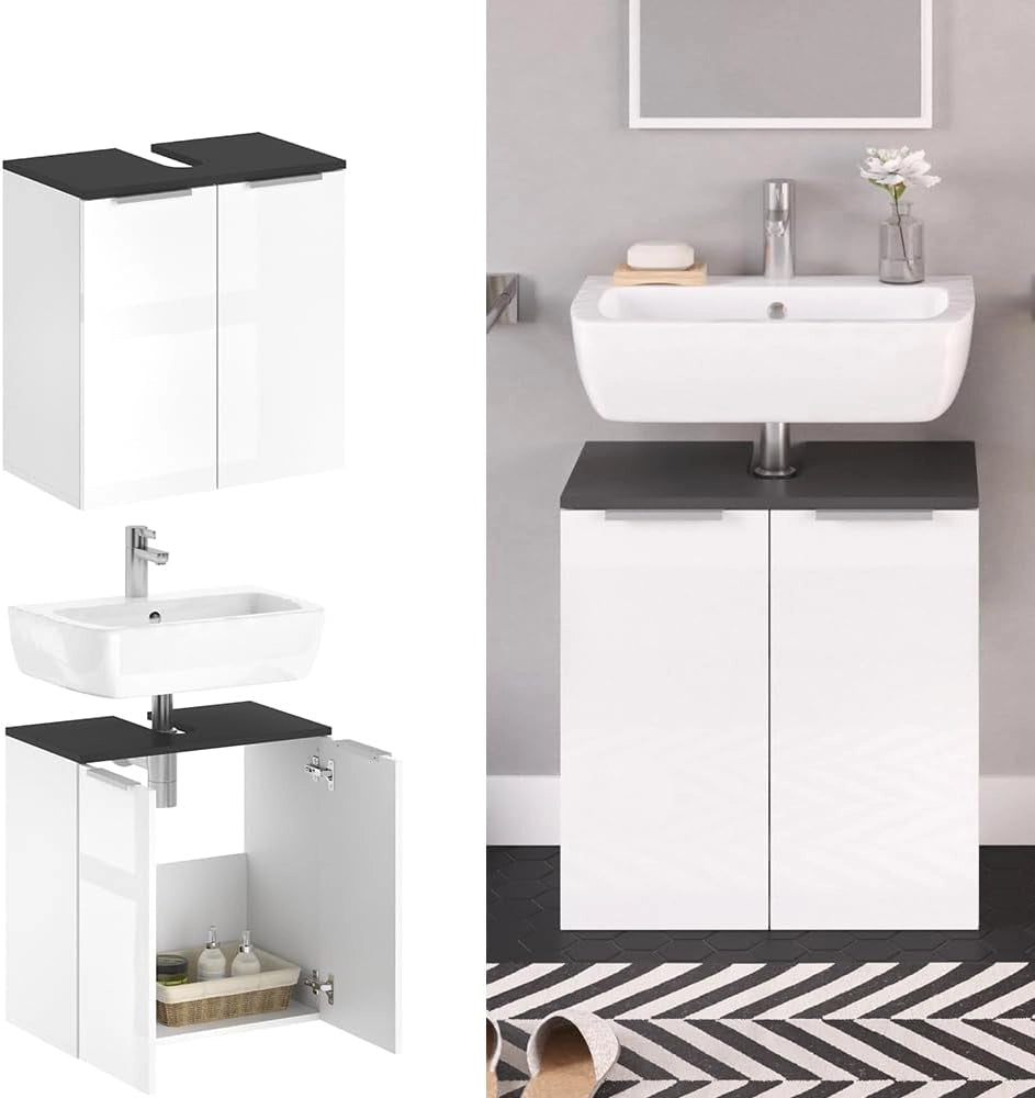 Mobile sottolavabo per bagno Otis, Bianco lucido, 58 x 60 cm, per la conservazione in bagno abbinabile alla serie Otis