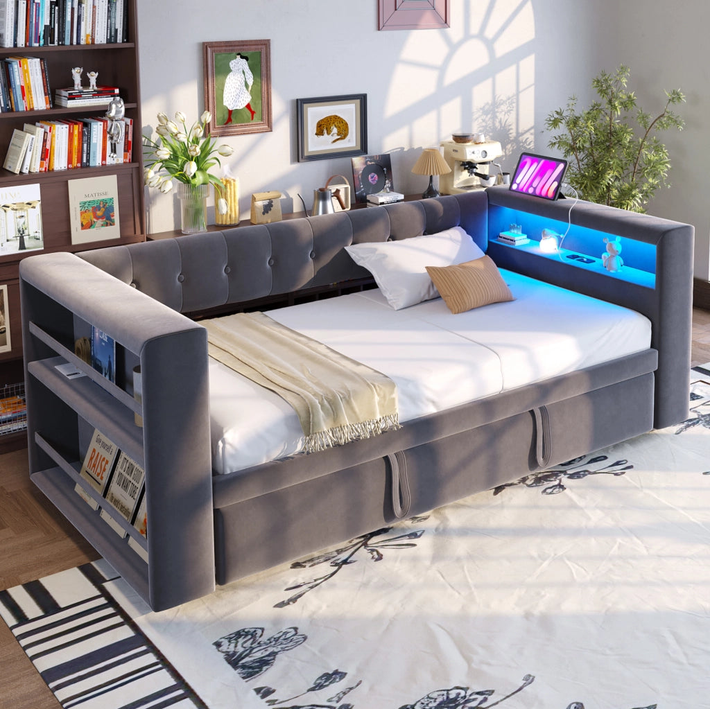 Divano letto multifunzionale 90/180x190 cm con LED, presa integrata e contenitori