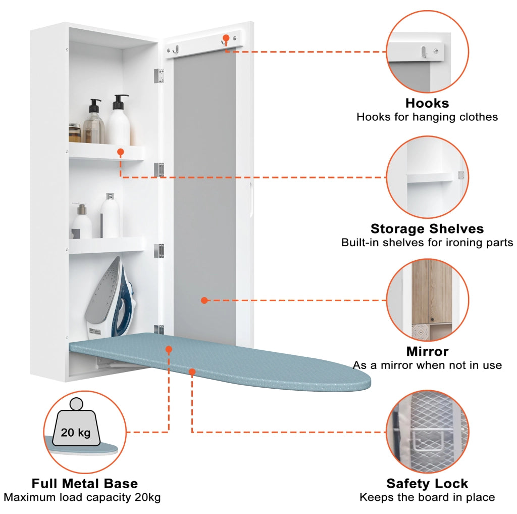 Mobile da parete con asse da stiro integrato; specchio e ripiani; MDF bianco 103×44;5×24;5 cm