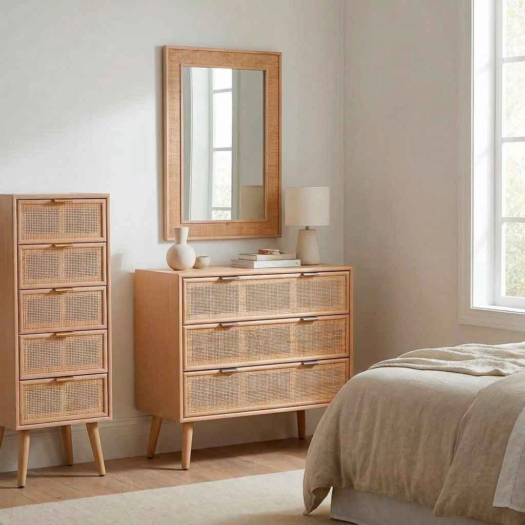 Cassettiera in MDF e rattan, 3 cassetti, marrone, 75x35x78