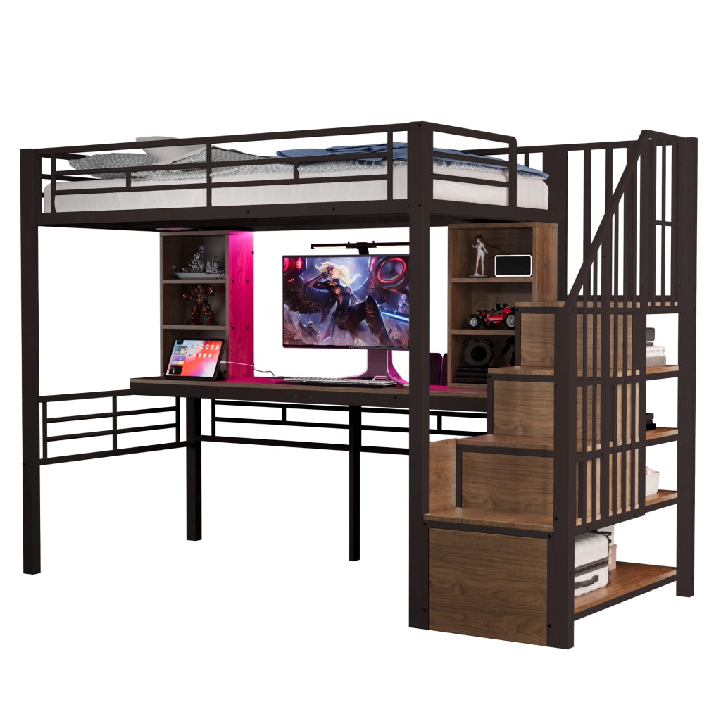 Letto a soppalco 90x200 cm con scrivania; scala contenitore reversibile e LED; nero
