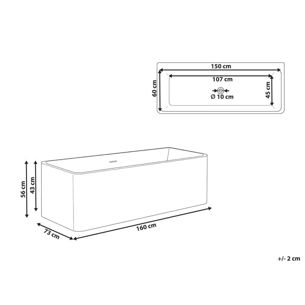 Vasca da Bagno Freestanding Bianca in Acrilico 160 cm con Bordo Sottile