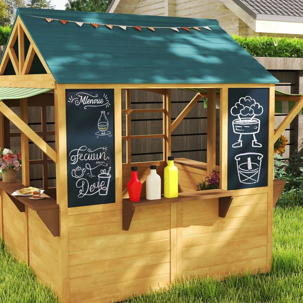 Casetta per Bambini 3-8 Anni 173x117x144 cm con 5 Finestre e 2 Lavagne in Legno di Abete Marrone e Blu