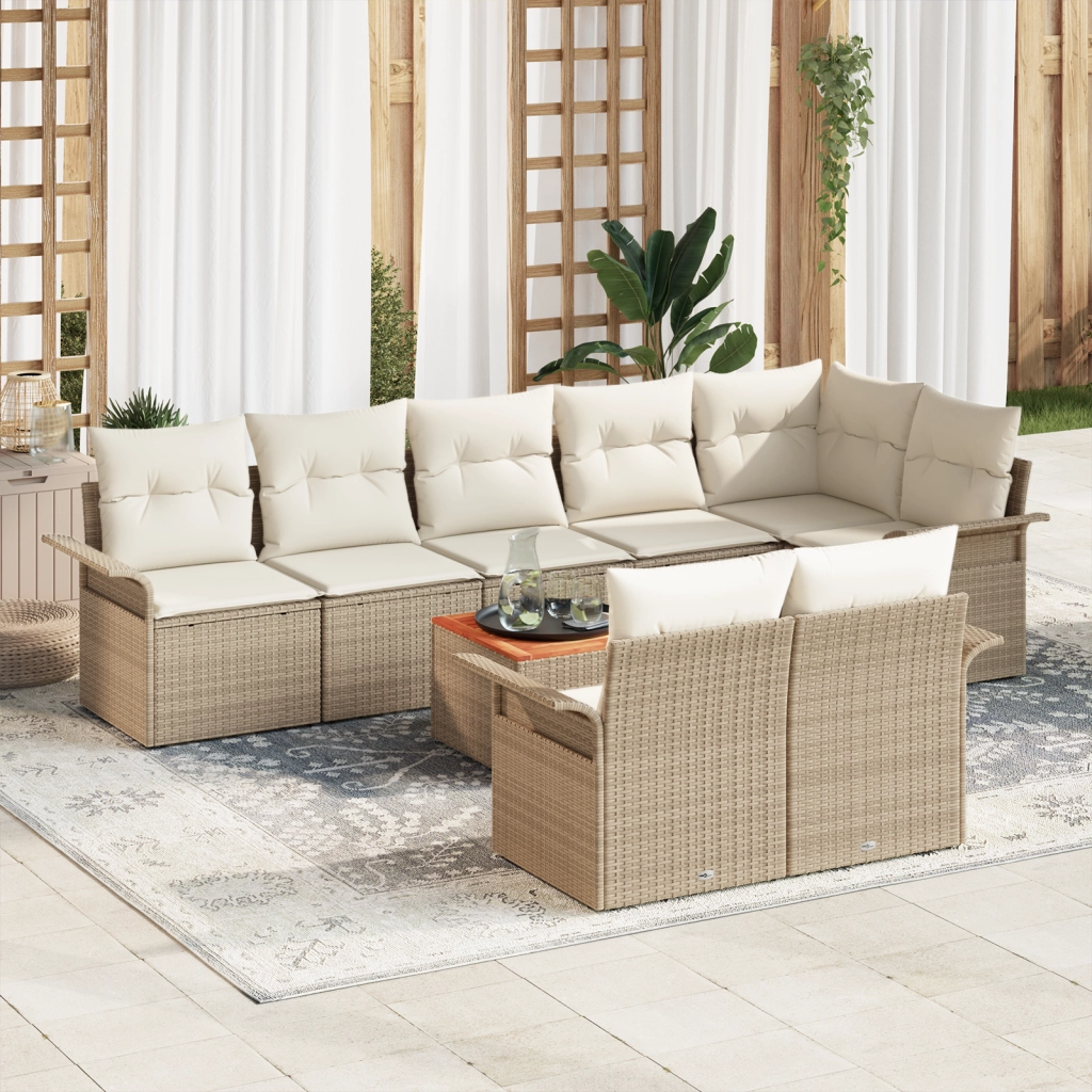 Set di Divani da Giardino 9 Pezzi con Cuscini Beige Polyrattan Acacia