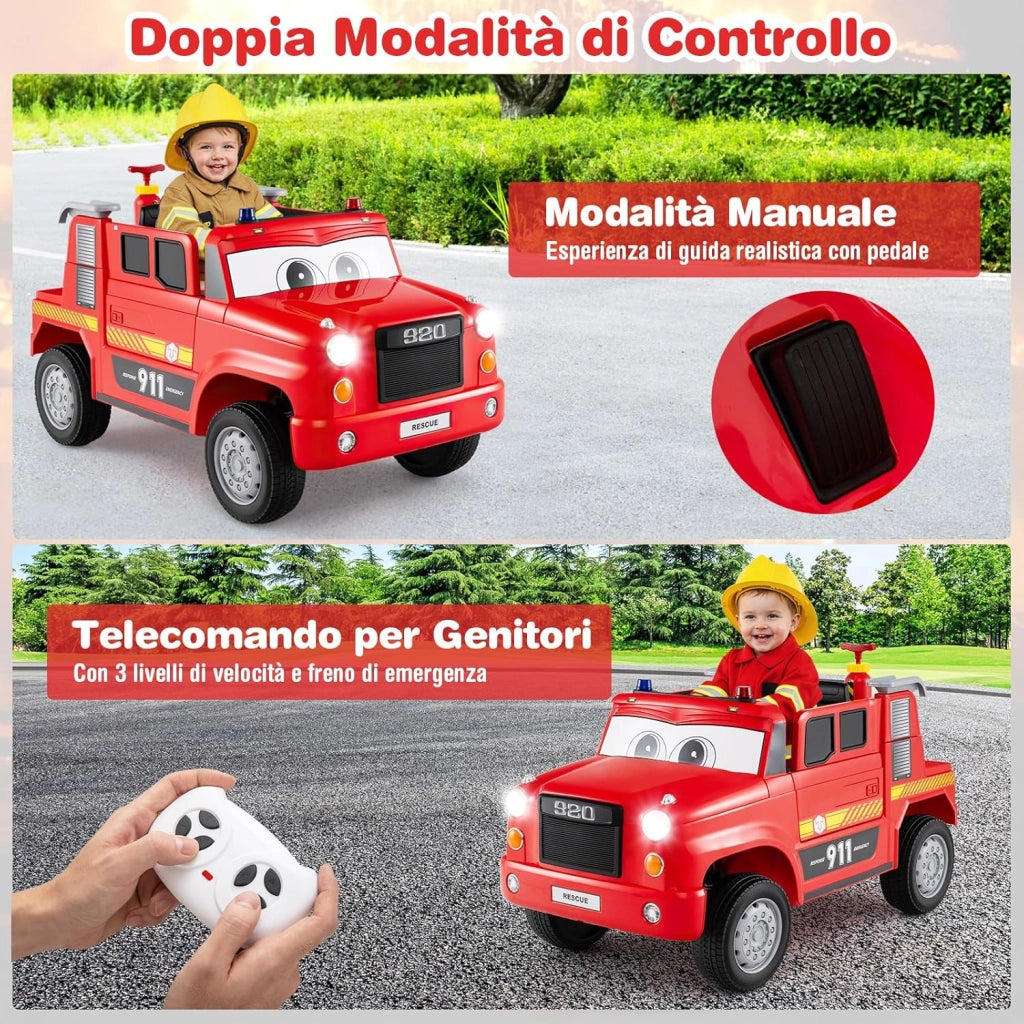 Camion dei Pompieri per Bambini, 12V Macchina Elettrica con Spruzzatore d'Acqua, Telecomando, Musica, Sirena, Luci e Avvio Morbido, Veicolo Elettrico per Bambini 3+ Anni