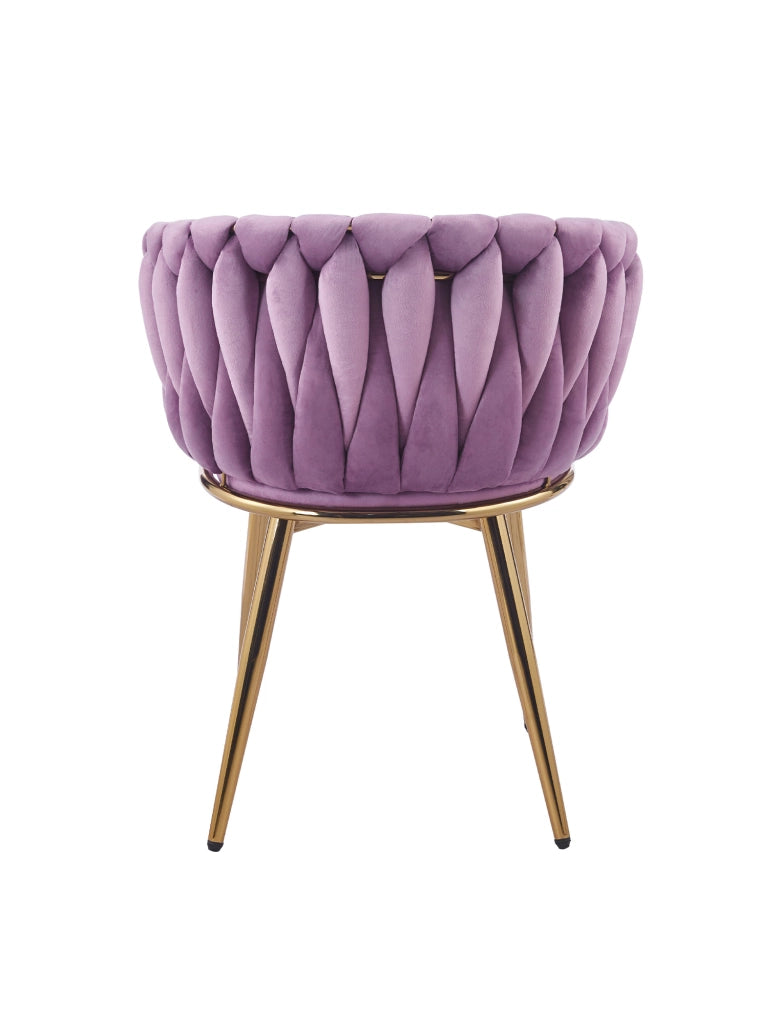 Poltrona Con Schienale In Velluto Intrecciato Design Moderno, Sedia Imbottita Circolare con Gambe in Metallo Placcato Oro Poltroncina Sala Pranzo Camera Salotto Cucina con Seduta Morbida Viola