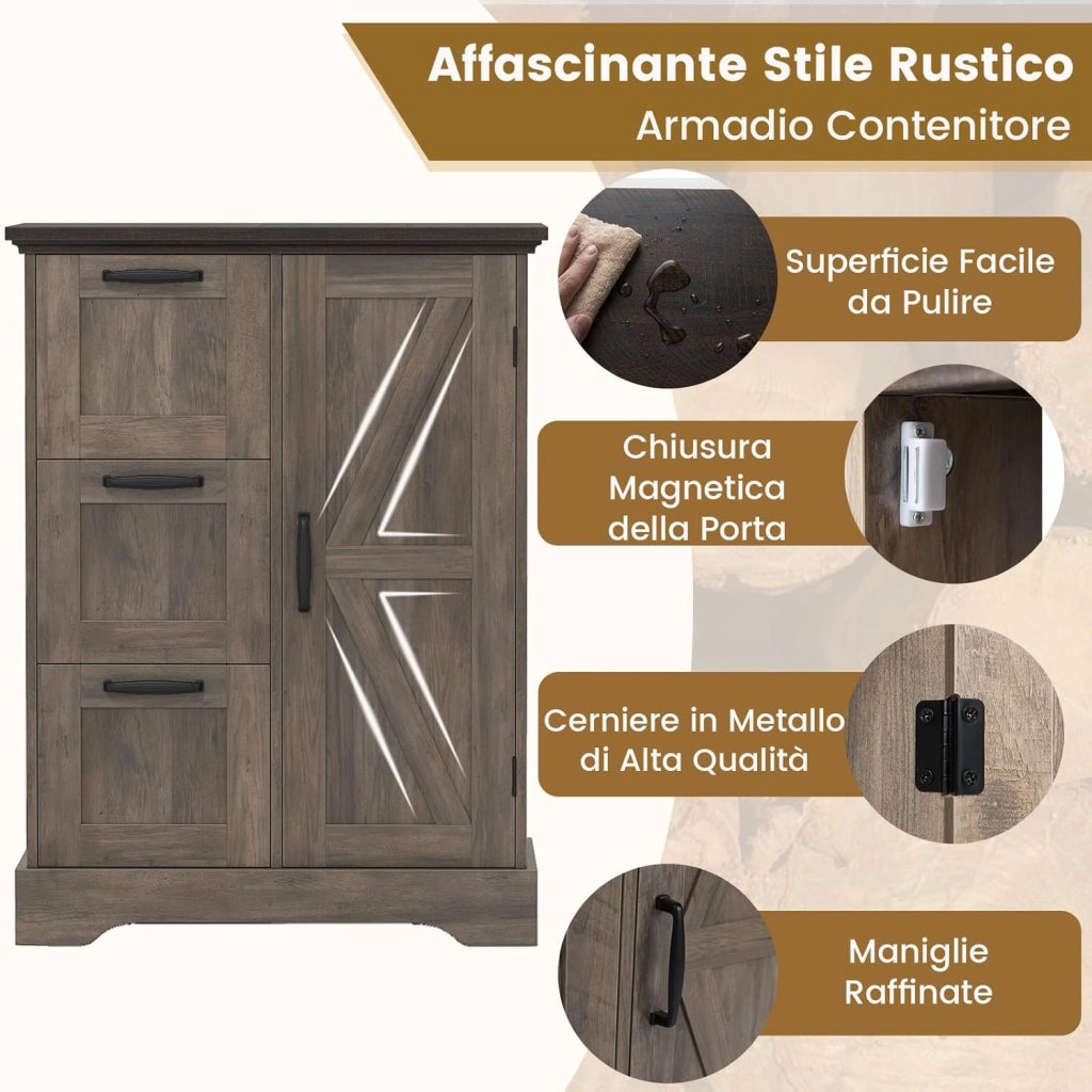 Mobile Bagno da Terra, Mobiletto Portaoggetti Moderno con Ante e 3 Cassetti, Armadietto Bagno per Cucina e Soggiorno, 60 x 30 x 80 cm (Grigio)