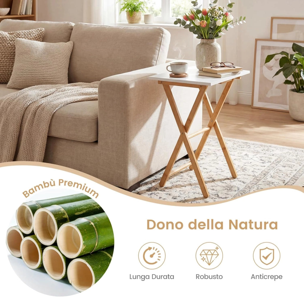 Set di 2 Tavolini Pieghevoli Laterale, Tavolino Portatile da Salotto Salvaspazio, Tavolo Laterale in Bambù, per Soggiorno Patio Terazza, Portata 20 kg, Senza Montare