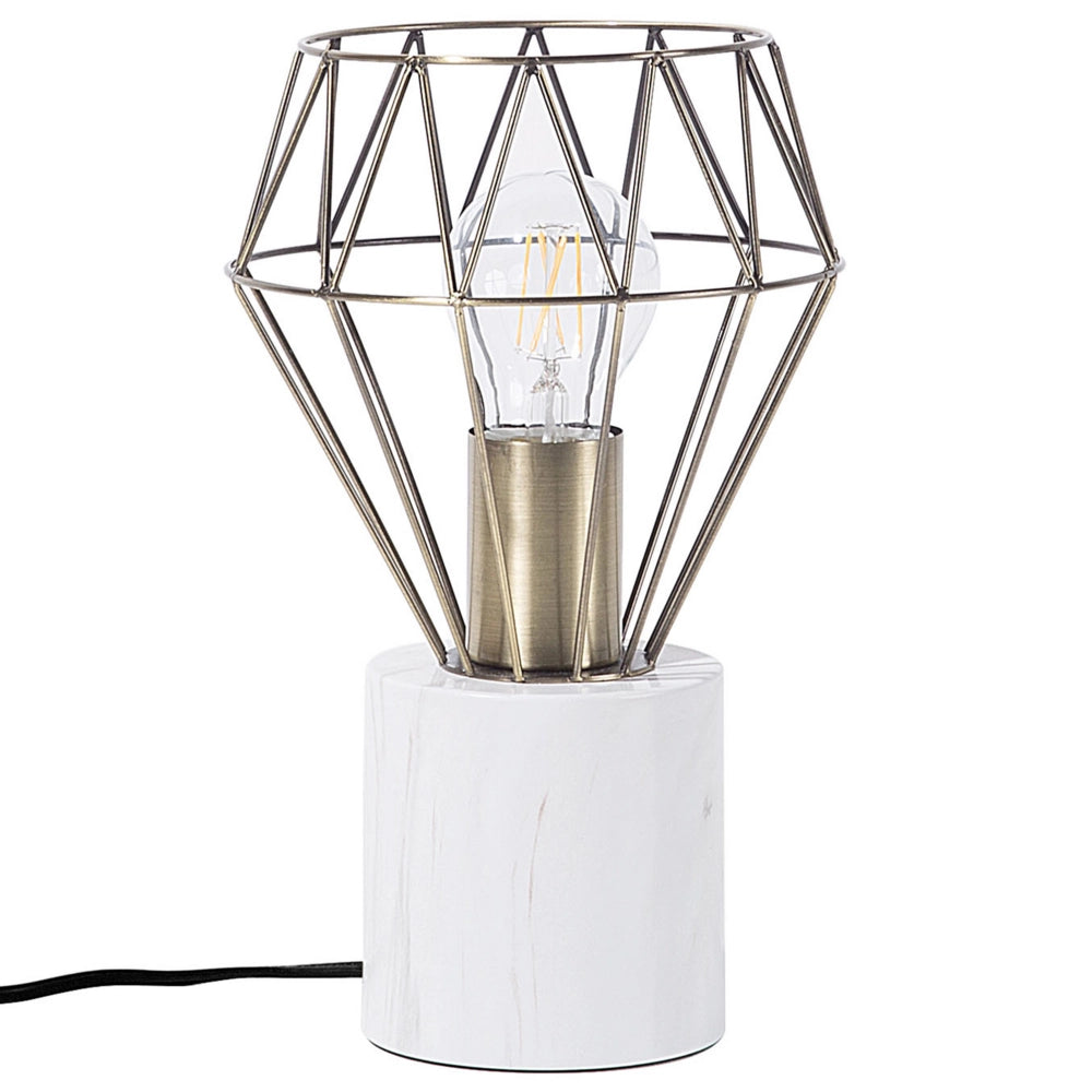 Lampada da Tavolo Lampada da Comodino Ottone Metallo Diamante Gabbia Paralume Base Rotonda Effetto Marmo