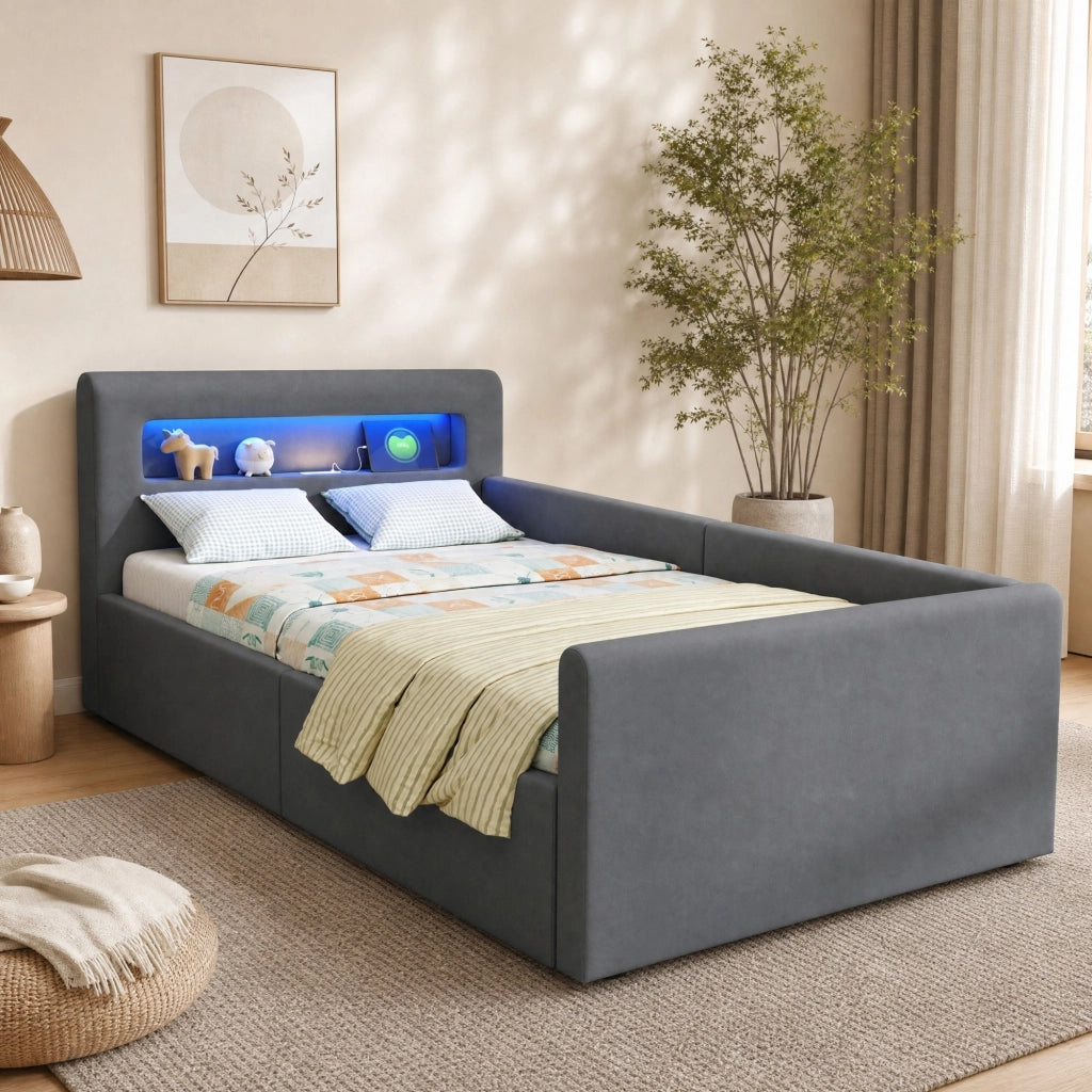 Letto imbottito per bambini 90x200 cm con LED; USB e contenitore idraulico; grigio scuro
