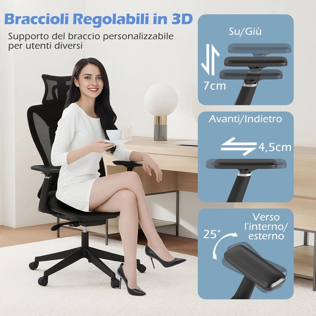 Sedia Ergonomica da Ufficio in Rete con Supporto Lombare Regolabile, Poggiatesta e Braccioli, Schienale Inclinabile, Sedia da Scrivania Girevole Regolabile in Altezza, Portata 150 kg