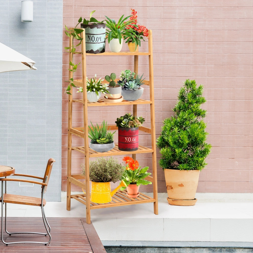 Scaffale multiuso con 4 livelli in bamb¨´ per soggiorno cucina ufficio-Libreria rustica con solida struttura Naturale