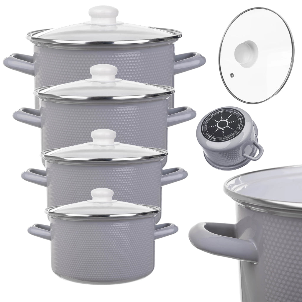 Set di pentole smaltate KADAX da 8 pezzi per piani cottura a induzione e gas, in acciaio inox, con coperchi.