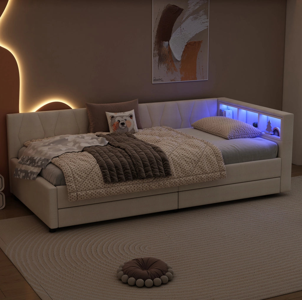 Letto singolo 90x200 cm beige in lino e MDF, LED USB Type C con 2 cassetti, senza materasso