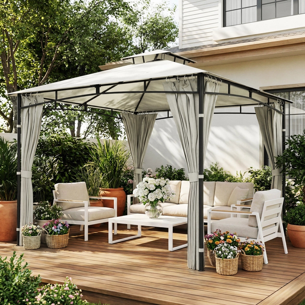 Gazebo da Giardino ¨C zephmum ¨C Doppio Tetto Retrattile UV50+ Impermeabile 3x3m Crema