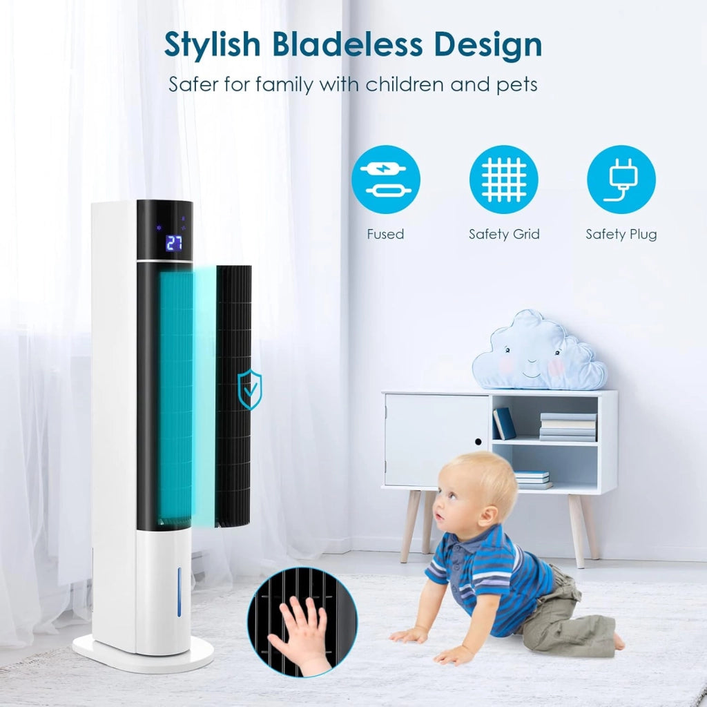 Ventilatore a Torre da 104 cm con Telecomando e Raffreddamento ad Acqua, 4 In 1 con Raffreddamento Umidificazione, Oscillazione di 50°, Timer 12 Ore, Silenzioso per Camera da Letto, Soggiorno