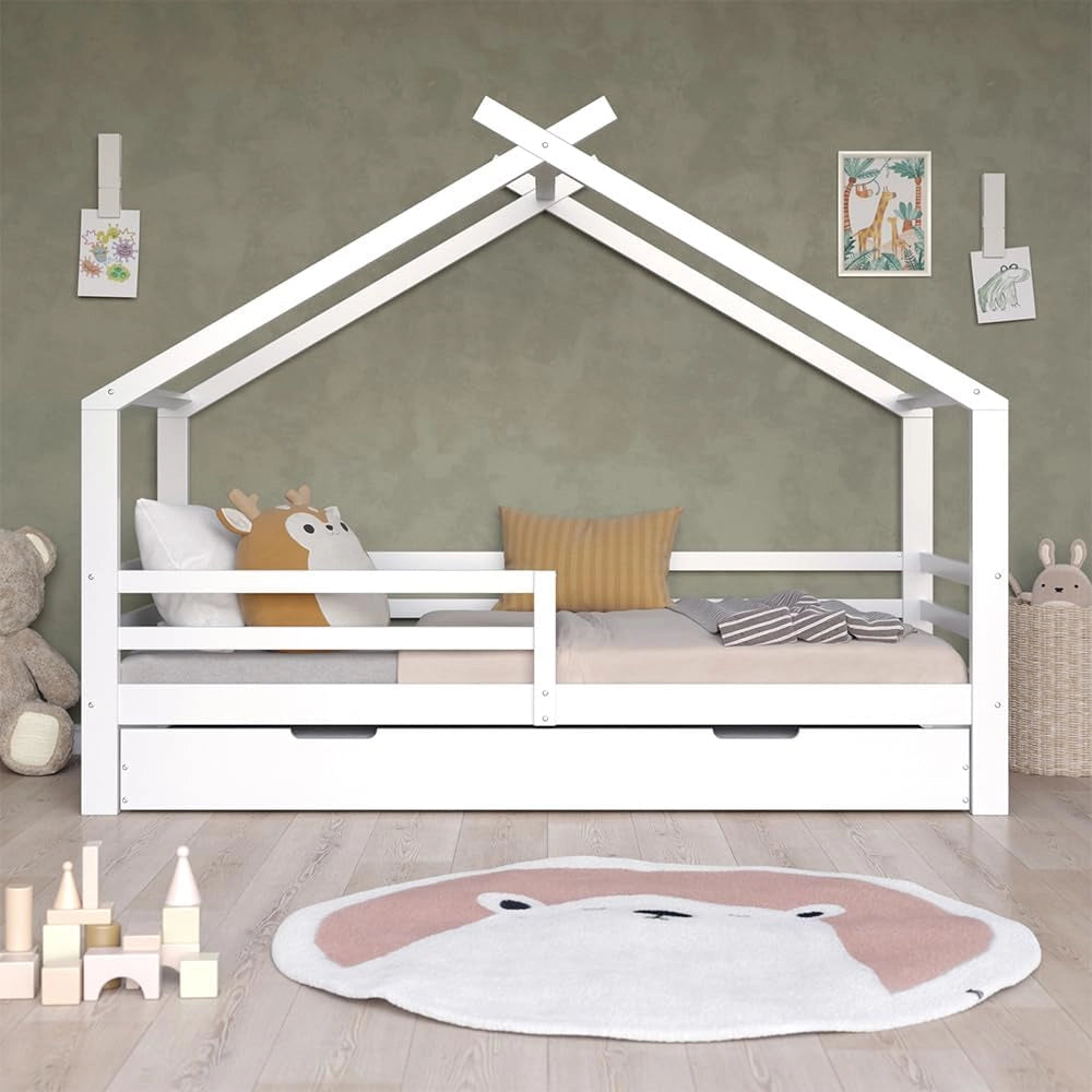 Letto montessori bambini Luni, Bianco, 200 x 90 cm con letto per ospiti, come una piccola casa per un'atmosfera calda