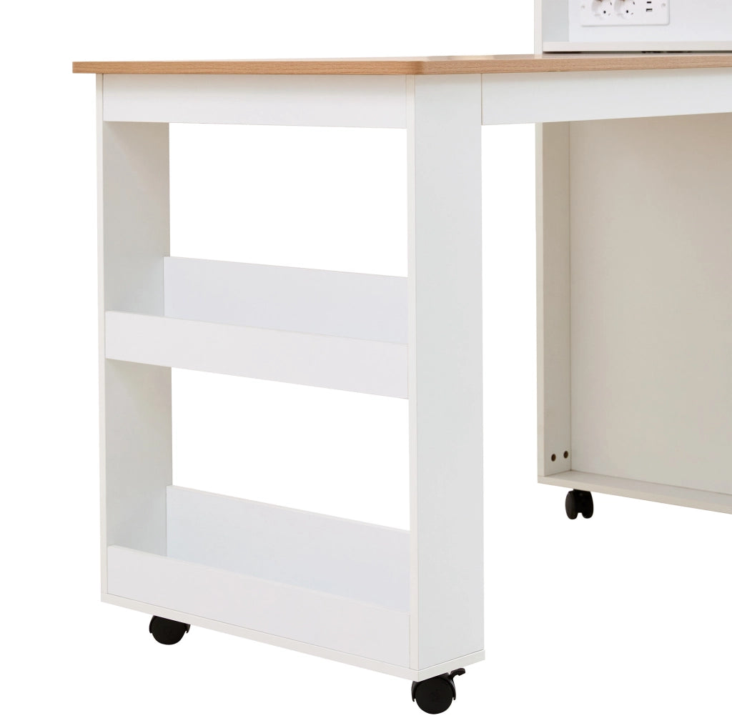 Isola cucina mobile con piano allungabile 116/177 cm; prese EU e USB; bianca