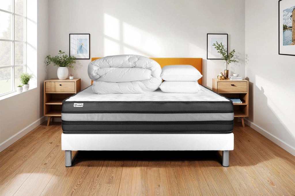 Pacchetto letto completo - Materasso 140x200cm + Box spring con doghe (kit) + 2 cuscini + Piumino - Vital Power Zen