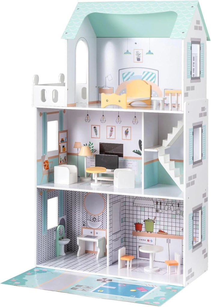 Casa delle Bambole a 3 Piani in Legno, Casa Barbie con Scale e 17 Pezzi di Mobili Completi, Villa da Principessa Fai-da-Te Giocattolo per Bambini 3+ Anni, 74,5 x 63 x 120,5 cm (Verde)