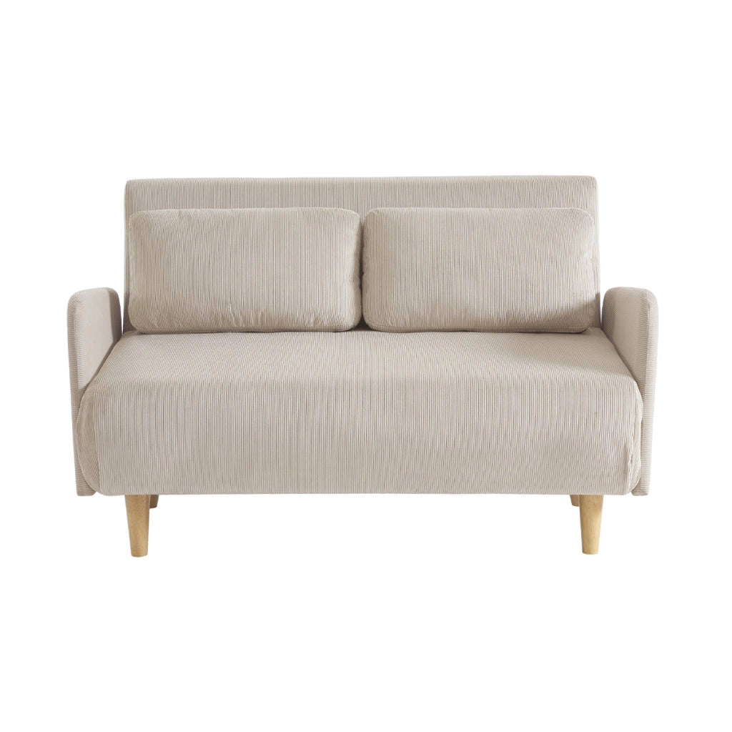Divano letto in velluto a coste con gambe in legno, 2 posti, beige