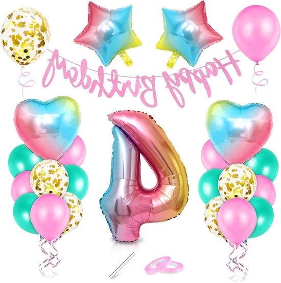 Decorazione di compleanno per bambina - Ballo numero 4 grande - Rosa - Decorazione di compleanno per il 4° anniversario - Buon compleanno.