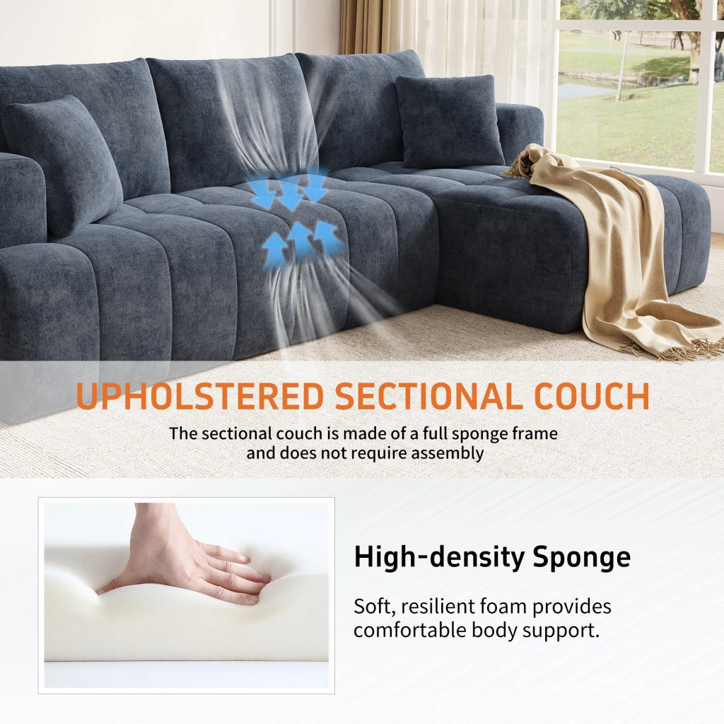 Divano ad angolo modulare senza struttura con design basso e cuscini in chenille blu 244,5 × 136 × 79 cm