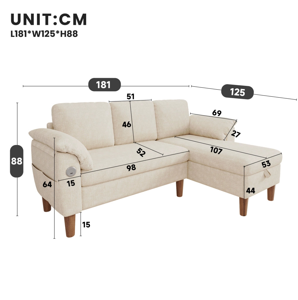 Divano angolare a L 3-4 posti con chaise longue reversibile; USB e Type-C; ciniglia beige