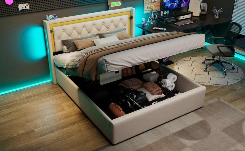 DESMIU Letto contenitore letto matrimoniale con LED regolabile, USB e Tipo-C 140 × 200 cm, senza materasso