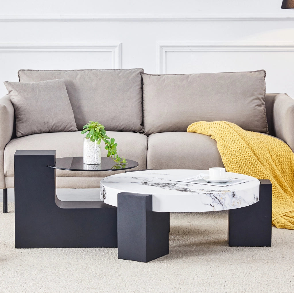 Set 2 tavolini rotondi MDF e vetro effetto marmo bianco e nero 61x30 cm e 44x44 cm