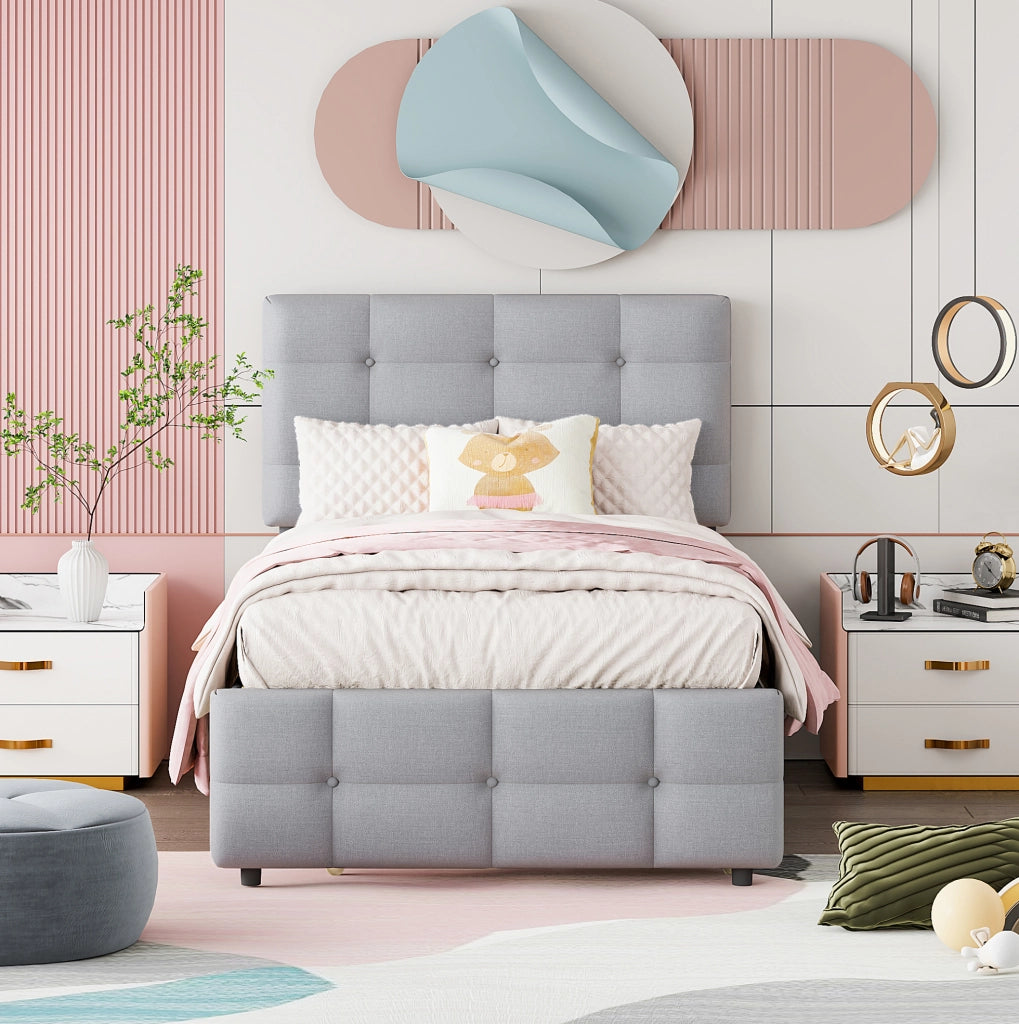 Letto imbottito estraibile 90x200 cm con testiera regolabile; tessuto di lino grigio