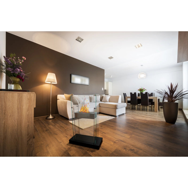 Biocamino pavimento Atlanta Nero 2 kW – struttura acciaio + base in legno, 4 vetri – Tecno Air System