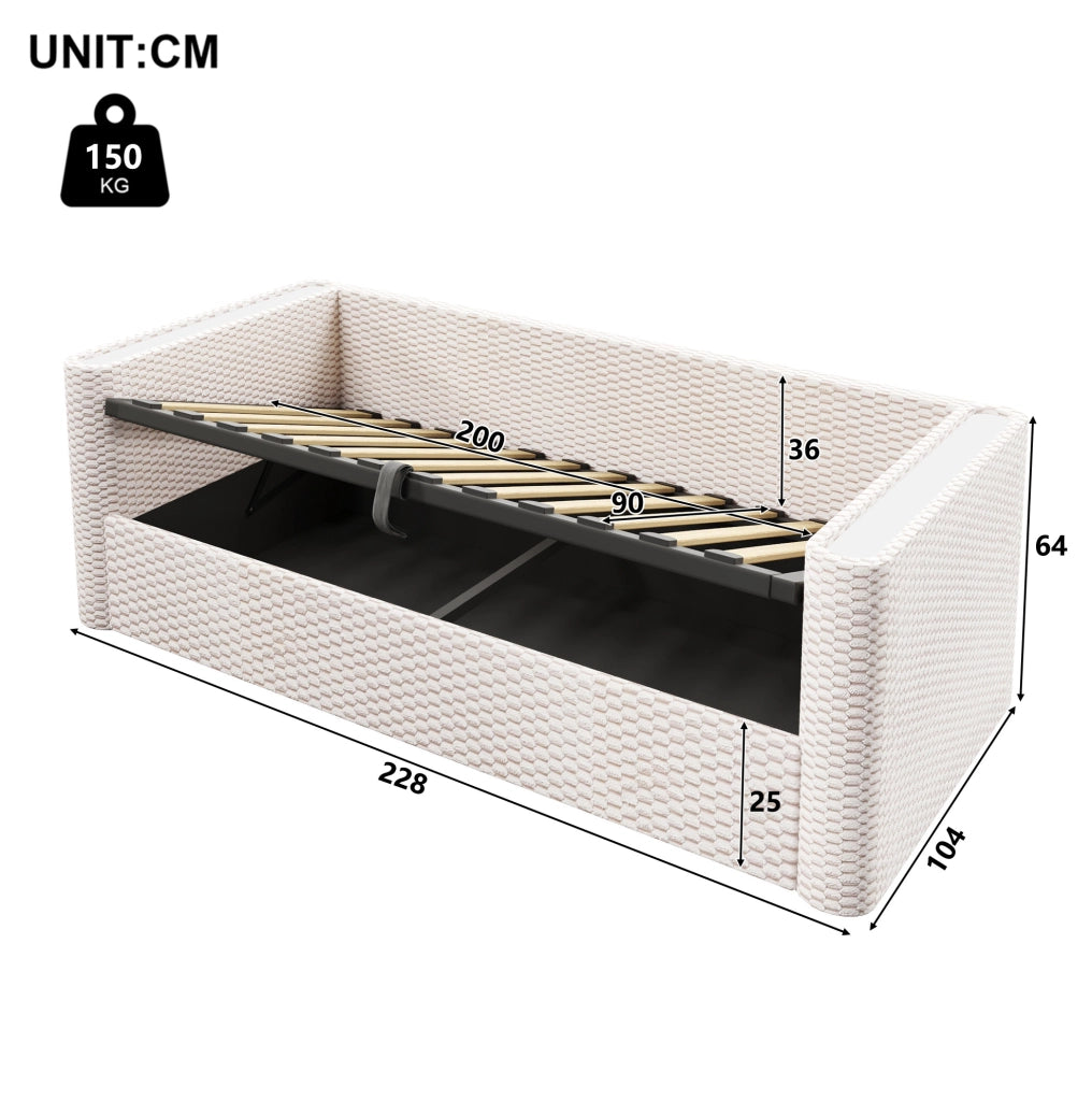 Divano letto daybed 90x200 cm in velluto beige con LED e contenitore idraulico