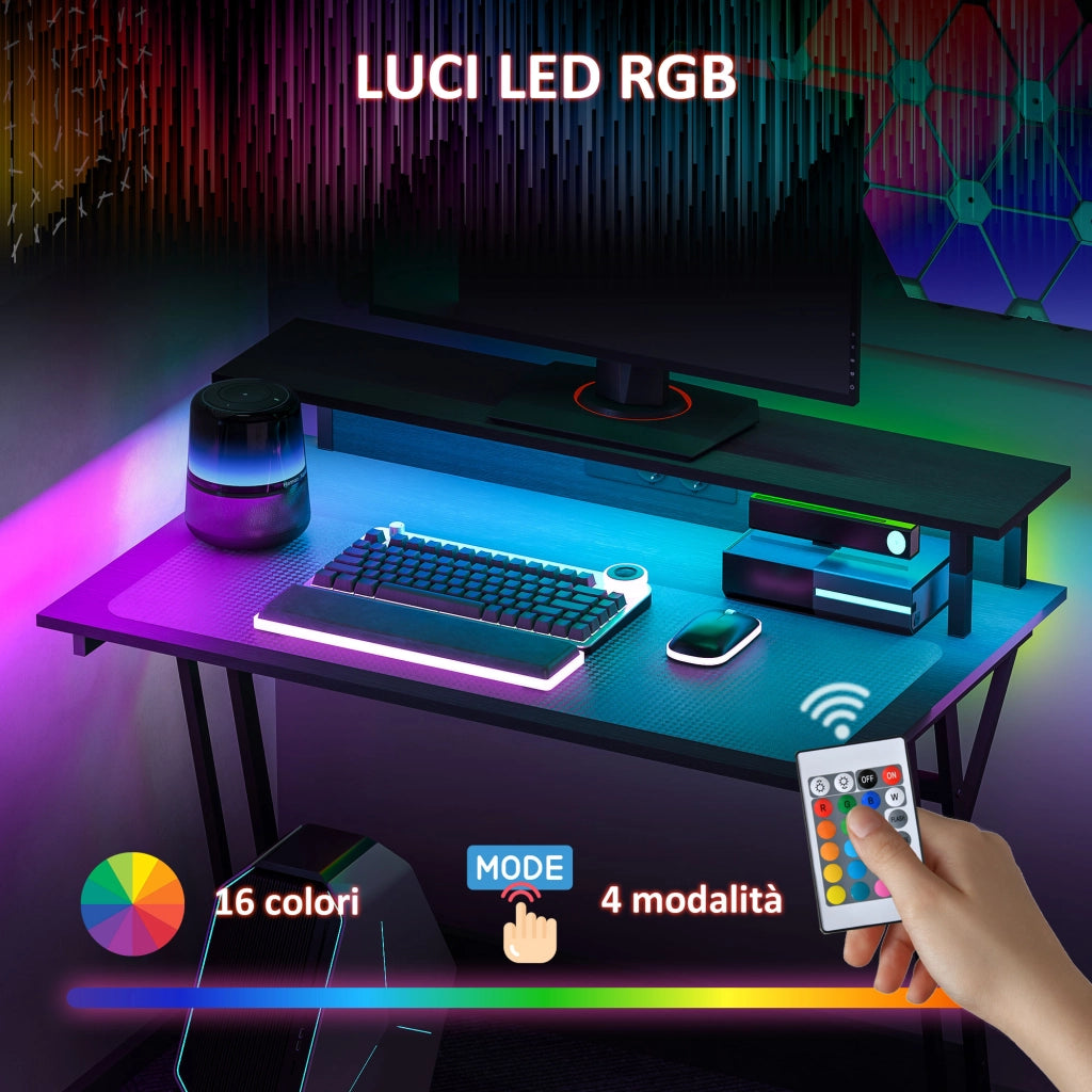 Scrivania Gaming con Luci LED e Supporto per Monitor, in Truciolato e Acciaio, 100x60x88.5 cm, Nero