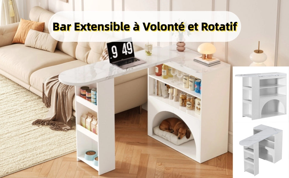 Tavolo bar allungabile moderno bianco con piano effetto marmo, vano per animali domestici e ripiani aperti, 120(+80)×40×100 cm