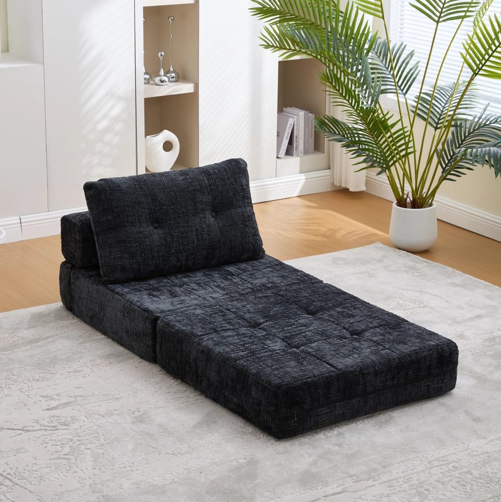 Divano letto pieghevole nero 79x79x57 cm con cuscini, chenille e schiuma ad alta densità