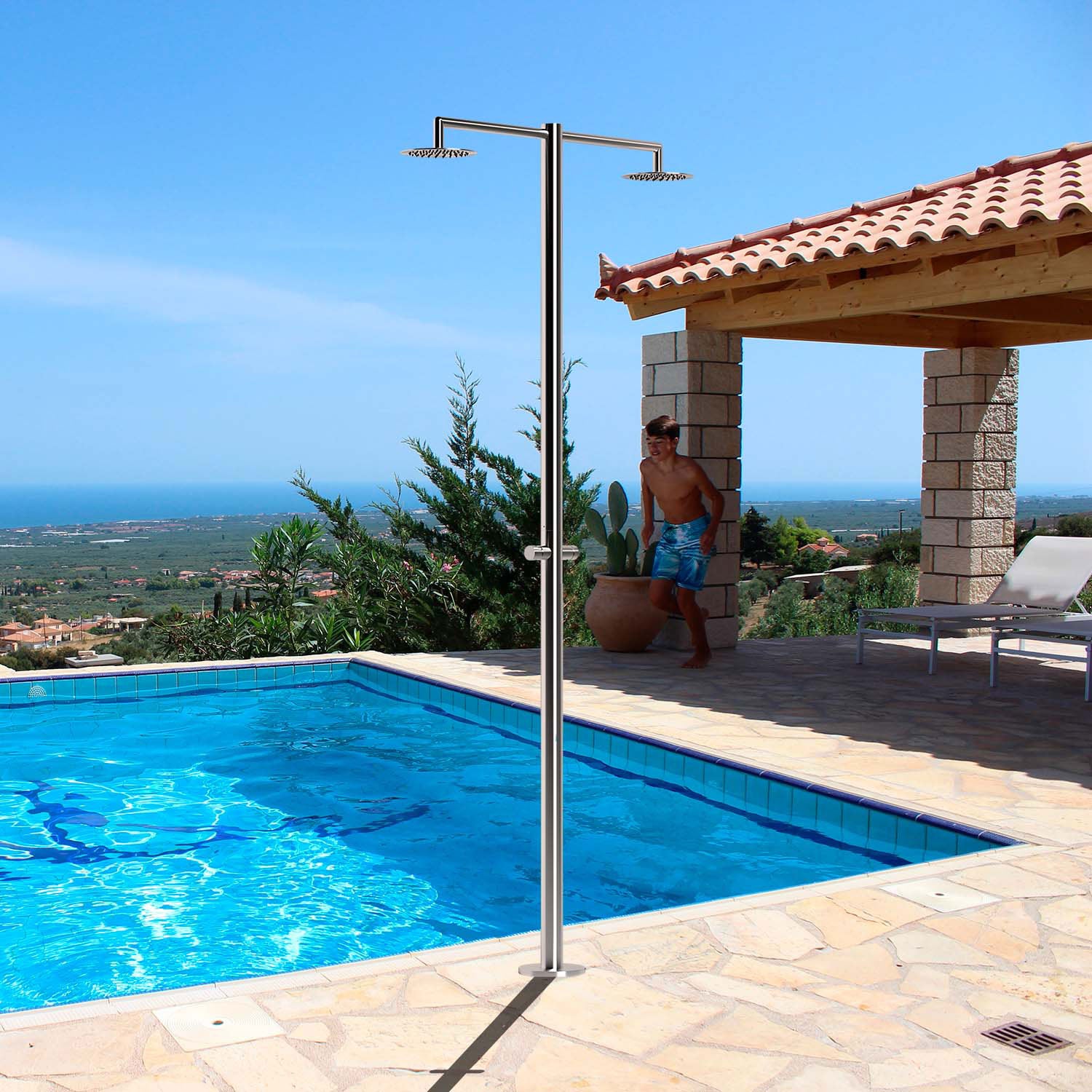 Doccia da Giardino ad Acqua Fredda in Acciaio Inox con 2 Soffioni Sined Ortro 2T