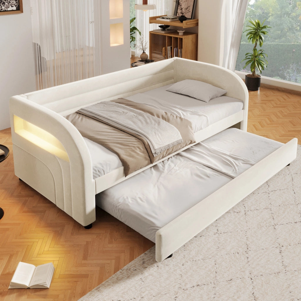 Letto 90x200 cm con letto estraibile e LED in flanella beige